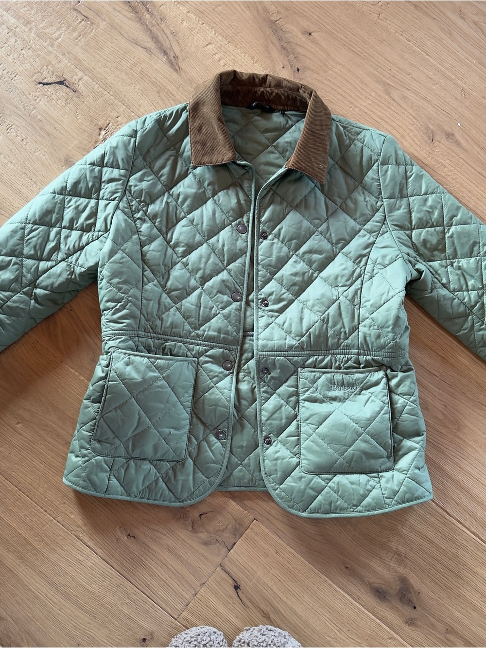 Barbour Quilted Utility Jacket in Sage Green with Brown Corduroy Collar